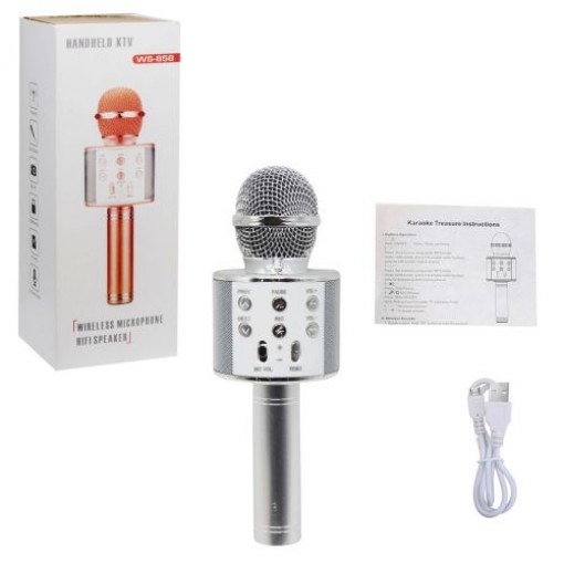 Уцінка. Бездротовий мікрофон караоке, bluetooth, USB, колонка Срібний коли включений блютуз, тихий звук у мікрофоні