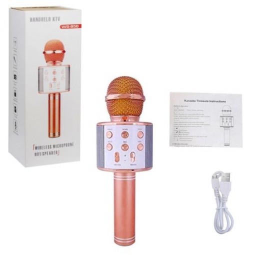 Уцінка. Бездротовий мікрофон С 48340 (50) 4 кольори, караоке, bluetooth, USB, колонка, в коробці   Слабкий звук та коли лунає після голосу взагалі не чути